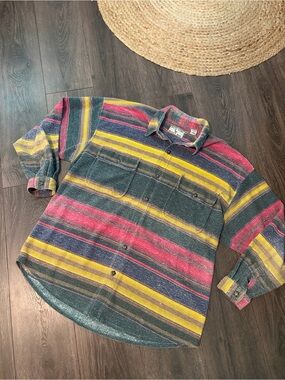 Vintage Bugle Boy Multicolor Striped Shirt Jacket in Green, Pink & Yellow XL